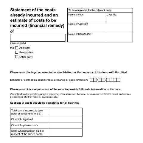 Document preview: Form H Cost Estimates: UK Financial Remedy Hearing Requirements — Family