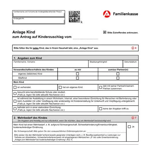 Dokumentvorschau: Wichtige Informationen zur Anlage Kind für den Kinderzuschlag — Familie (CERFA n°kiz1-ank_ba035005)