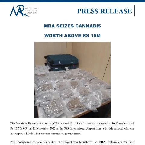 Document preview: Major Cannabis Seizure by MRA at SSR International Airport — Government & admin (PressRelease211125)