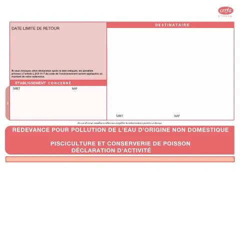 Aperçu du document Redevances eau pour les activités de pisciculture et conserverie — Démarches administratives (CERFA n°13742*06)