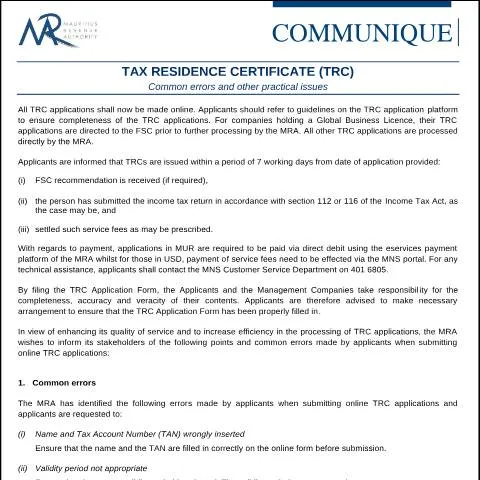Document preview: Understanding Mauritius Tax Residence Certificate (TRC) Application — Taxes (CERFA n°CommuniqueTRC060122)