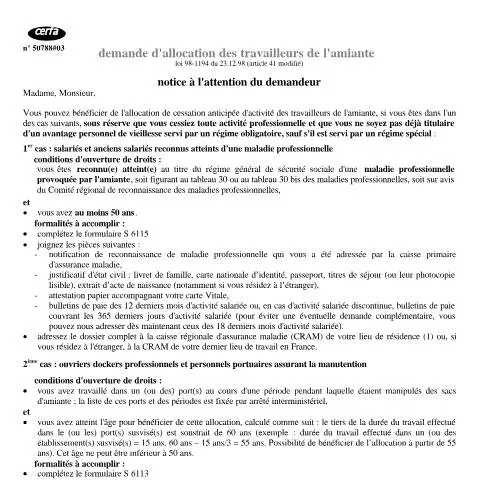 Aperçu du document Demande d'allocation amiante pour les dockers professionnels — Emploi & travail (CERFA n°11688*02)