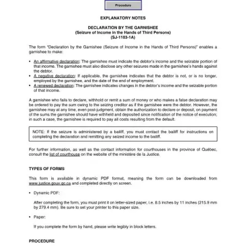 Document preview: Understanding the Garnishee Declaration Form in Québec — Legal & justice (SJ-1103-1A)