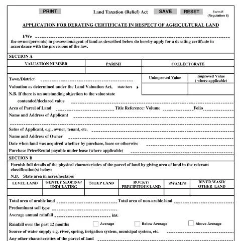 Document preview: Apply for Agricultural Land Derating Certificate in Jamaica — Government & admin (CERFA n°app_derating_cert_agri_land)