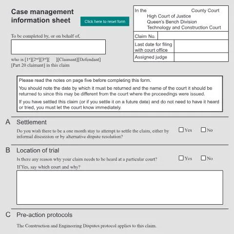 Document preview: Form TCC/CM1: Technology and Construction Court Case Management Sheet — Legal & justice