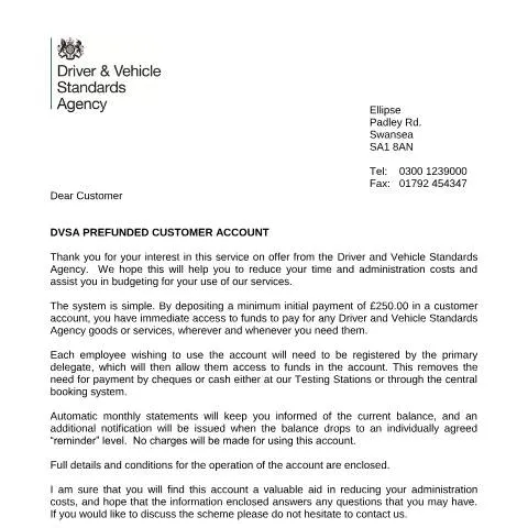 Document preview: DVSA Pre-Funded Account Application for Fleet Operations — Vehicle & driving