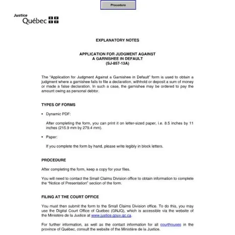 Document preview: Default Judgment Form for Garnishee Enforcement in Quebec — Legal & justice (SJ-857-13A)