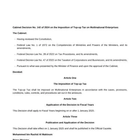 Document preview: UAE Implements Top-up Tax on Multinational Enterprises in 2024 — Taxes (CERFA n°Cabinet Decision No (142) of 2024)