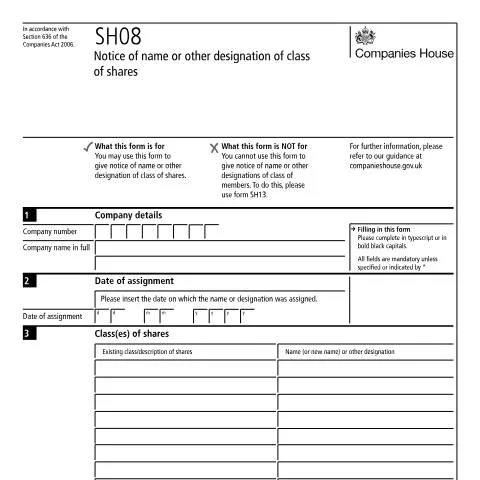 Document preview: How to Notify Share Class Names Using Form SH08 — Business