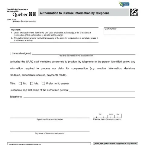 Document preview: Understanding the SAAQ Authorization to Disclose Information — Vehicle & driving (6088A)