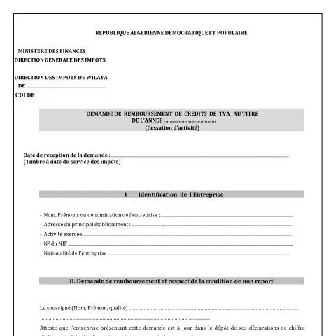 Aperçu du document Guide sur la demande de remboursement des crédits de TVA en Algérie — Impôts & fiscalité (CERFA n°Demande de remboursement des credits de TVA redevable partiel CDI)