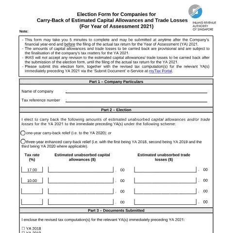 Document preview: Election Form for Enhanced Carry-Back Relief System (Budget 2021) — Taxes (CERFA n°ELECTION-FORM-FOR-ENHANCED-CARRY-BACK-RELIEF-SYSTEM-(BUDGET-2021))