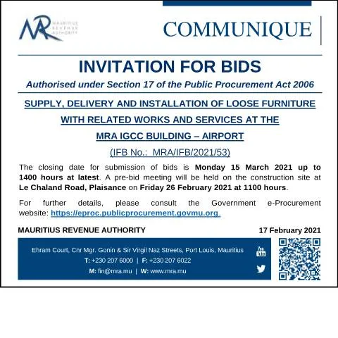 Document preview: Public Procurement Notice for Loose Furniture at MRA IGCC — Government & admin (Communique170221)