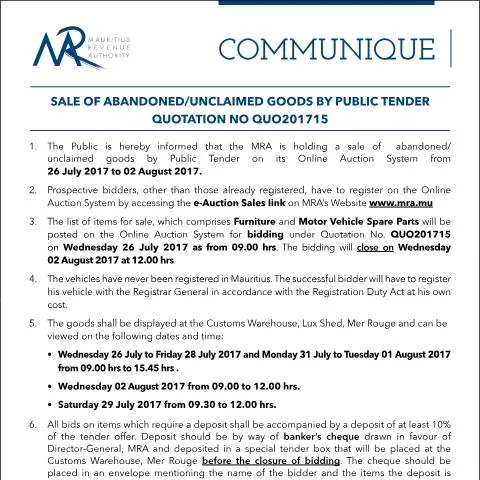Document preview: Understanding the Sale of Unclaimed Goods in Mauritius — Government & admin (CERFA n°CommuniqueQ15of2017)