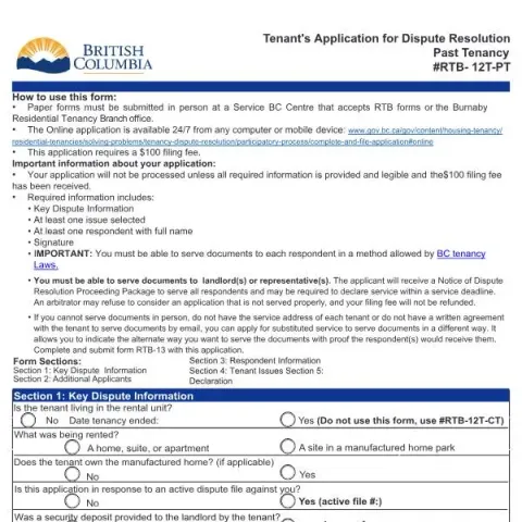Document preview: Guide to Tenant's Past Tenancy Dispute Resolution Application — Housing (RTB-12T-PT)