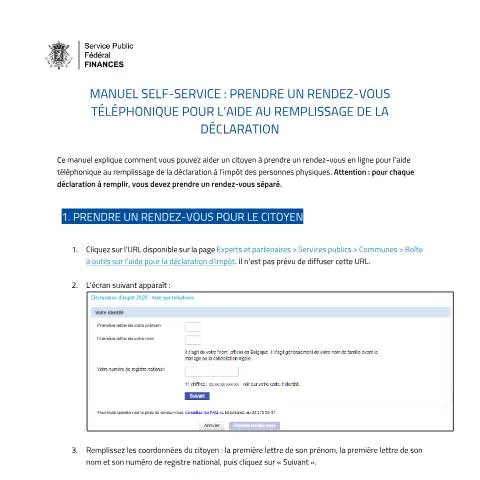 Aperçu du document Guide pratique pour le rendez-vous d'aide fiscale — Démarches administratives (CERFA n°111-manuel-selfservice-tool-aide-telephone-2026-commune)