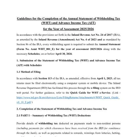 Document preview: Comprehensive Overview of WHT and AIT Reporting in Sri Lanka — Taxes (CERFA n°ASMT_WHT_002_2025)