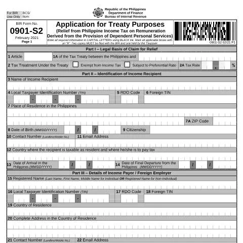 Document preview: Navigating BIR Form No. 0901-S2 for Tax Relief Applications — Taxes (CERFA n°0901-S2)