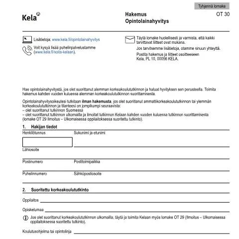 Document preview: Opintolainahyvitys: Hakemuksen vaiheet ja ohjeet — Opiskelu & koulutus (CERFA n°Kela OT 30)