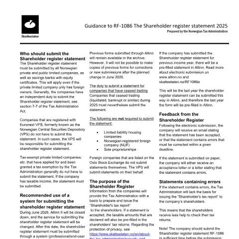 Document preview: Dynamikken i Aksjonærregisteroppgaven for Norske Bedrifter — Administrative prosedyrer (CERFA n°RF-1086)