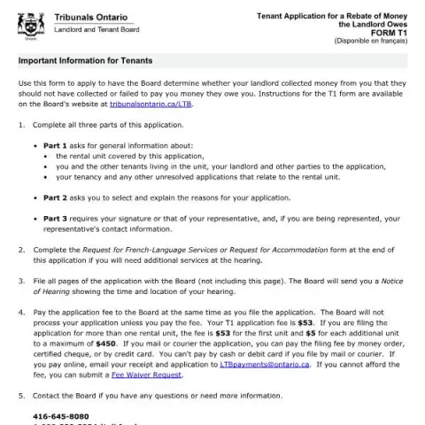 Document preview: How Tenants in Ontario Can Request a Rebate Using FORM T1 (English / French) — Housing (FORM T1)