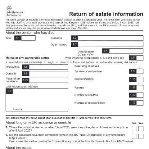 Document preview: IHT207 Inheritance Tax Form: Non-Resident Estate Requirements — Taxes