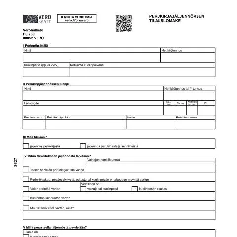 Document preview: Perunkirjoituksen jäljennös , Tilauslomake 3627 — Verot & verotus (CERFA n°Vero 3627)