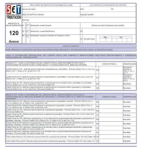 Vista previa del documento Guía para completar el Anexo del Formulario 120 en Paraguay — Impuestos (CERFA n°F120)