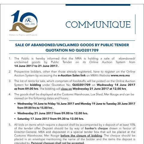 Document preview: Guide to Bidding on Abandoned Goods in Mauritius — Government & admin (CERFA n°CommuniqueQu09of2017)