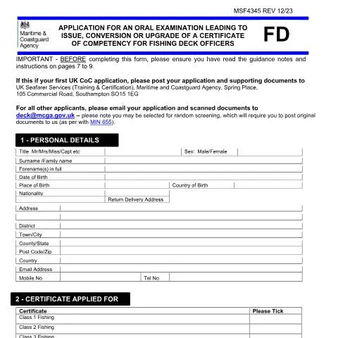 Document preview: Professional Fishing Certificate Application: UK Commercial Vessels — Government & admin
