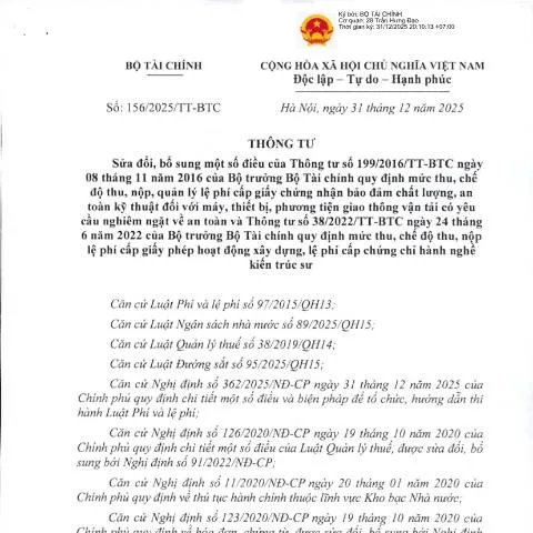 Document preview: Thông tư 156/2025/TT-BTC: Thay đổi quan trọng về lệ phí cấp giấy chứng — Thủ tục hành chính (CERFA n°156/2025/TT-BTC)