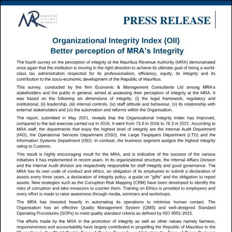 Document preview: Understanding the Organizational Integrity Index for MRA's Integrity — Government & admin (PressRelease140621)