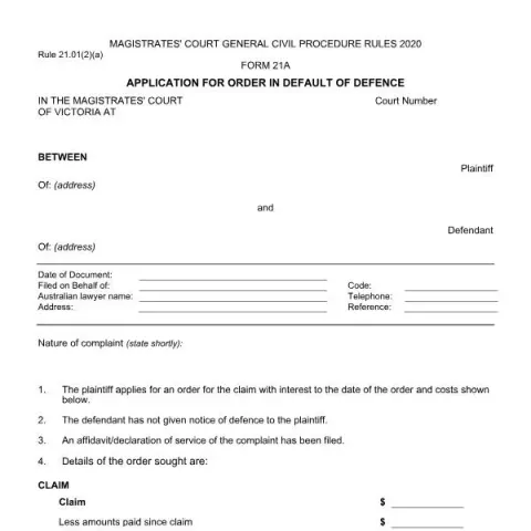 Document preview: Understanding the Application for Order in Default of Defence (Form — Legal & justice (21A)