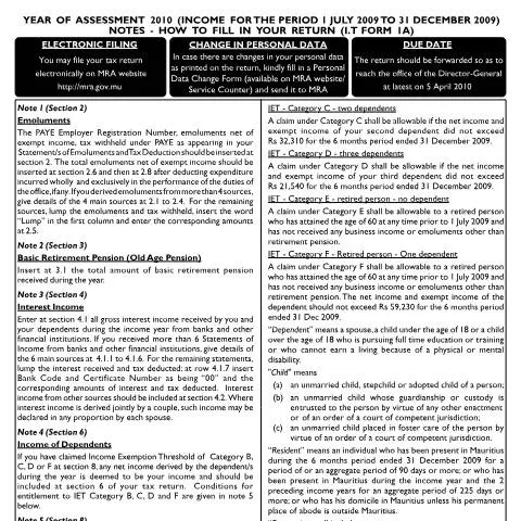 Document preview: Essential Guide to Individual Return 1A in Mauritius — Government & admin (Return1Anotes2010)