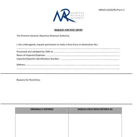 Document preview: Understanding the Request for Post Entry in Mauritius — Government & admin (CERFA n°RequestforPostEntry)