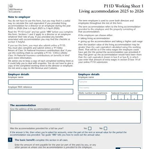 Document preview: HMRC P11D WS1: Complete Guide to Living Accommodation Benefits — Taxes