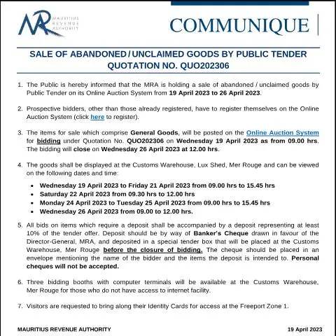 Document preview: Mauritius Public Tender for Sale of Abandoned and Unclaimed Goods — Government & admin (CommuniqueQUO202306)