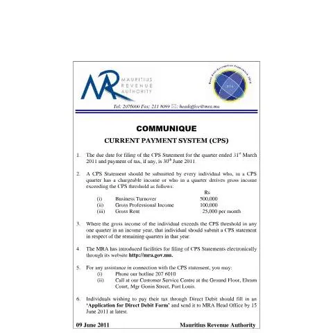 Document preview: Mauritius Revenue Authority CPS 2011 Notice: Key Procedures and — Government & admin (CommuniqueCPSnew2011)