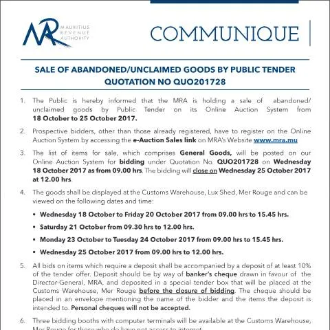 Document preview: Unlock Hidden Treasures: Public Tender for Unclaimed Goods — Government & admin (CERFA n°CommuniqueQ28of2017)
