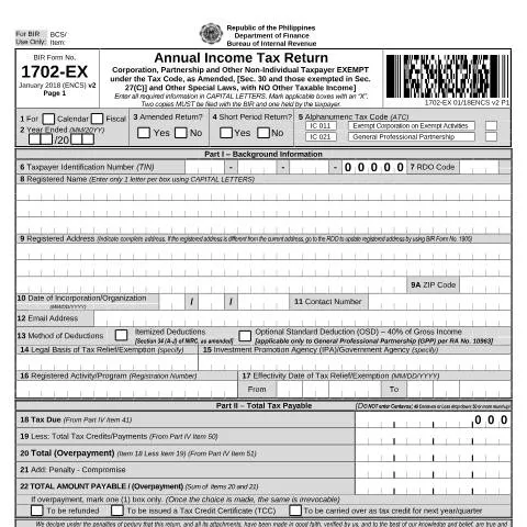 Document preview: Understanding BIR Form 1702-EX for Exempt Non-Individual Taxpayers in — Taxes (CERFA n°1702-EX)