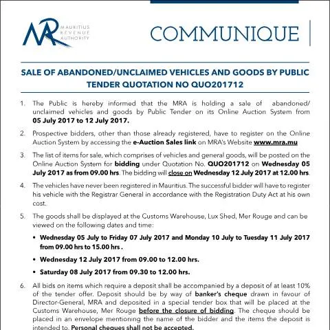 Document preview: Understanding Mauritius' Public Tender for Unclaimed Goods — Government & admin (CERFA n°CommuniqueQ12of2017)