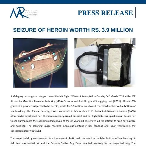 Document preview: Significant Heroin Seizure by Mauritius Revenue Authority — Government & admin (PressRelease070318)