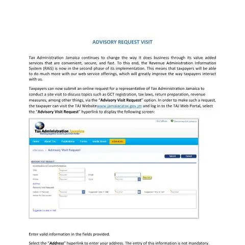 Document preview: Schedule Your Tax Advisory Visit with TAJ — Government & admin (CERFA n°eServices+-+Advisory+Visit+Request)