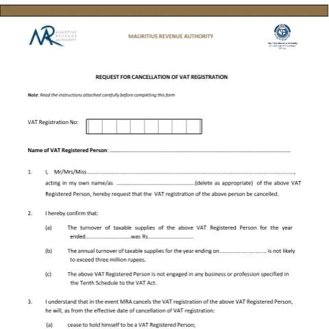 Document preview: Essential Steps for VAT Cancellation in Mauritius — Taxes (VATCancellationForm)