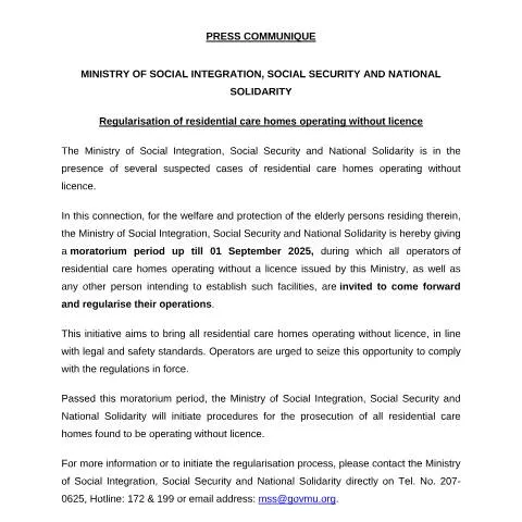 Document preview: Mauritian Government Announces Measures for Unlicensed Residential — Government & admin (CERFA n°PRESS-COMMUNIQUE_14July2025)