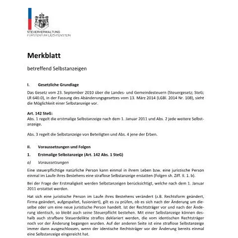 Dokumentvorschau: Die Rolle der Selbstanzeige in Liechtenstein verstehen — Steuern (CERFA n°selbstanzeige-merkblatt)