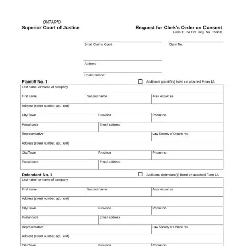 Document preview: Guide to Form 11.2A: Request for Clerk’s Order on Consent in Ontario — Legal & justice (Form 11.2A)