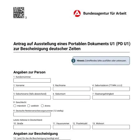 Dokumentvorschau: PD U1 Formular für ausländische Arbeitskräfte in Deutschland — Arbeit & Beschäftigung (CERFA n°antragpd-u1_ba022880)