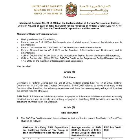 Document preview: UAE Ministerial Decision No. 24 of 2026 on R&D Tax Incentives — Taxes (CERFA n°Ministerial Decision No. 24 of 2026)