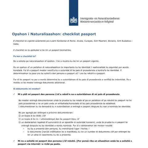 Documentvoorvertoning: Essentie van de Checklist voor Natuurlijke Integratie in Curaçao — Immigratie & visa (CERFA n°4004 - Papiaments (curaçao))